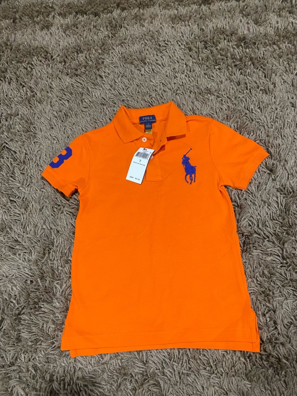 Polo by Ralph Lauren Bright Orange Boys' Polo with Blue Logo and Sleeve Number